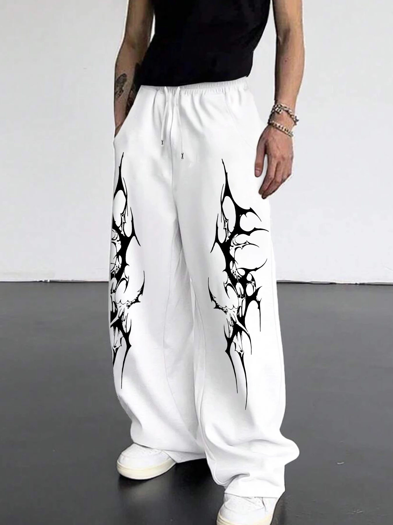 

Gothic Tattoo Print Men's Casual Sporty Loose Straight Leg Trousers, New Style for All Seasons, Streetwear men pants