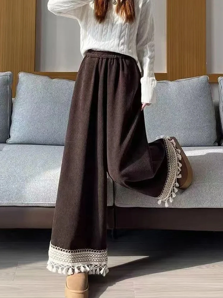 Corduroy Wide Leg Pants Women Vintage High Waist Tassel Thick Casual Trouser Autumn Winter Korean Simple Office Lady New Pants