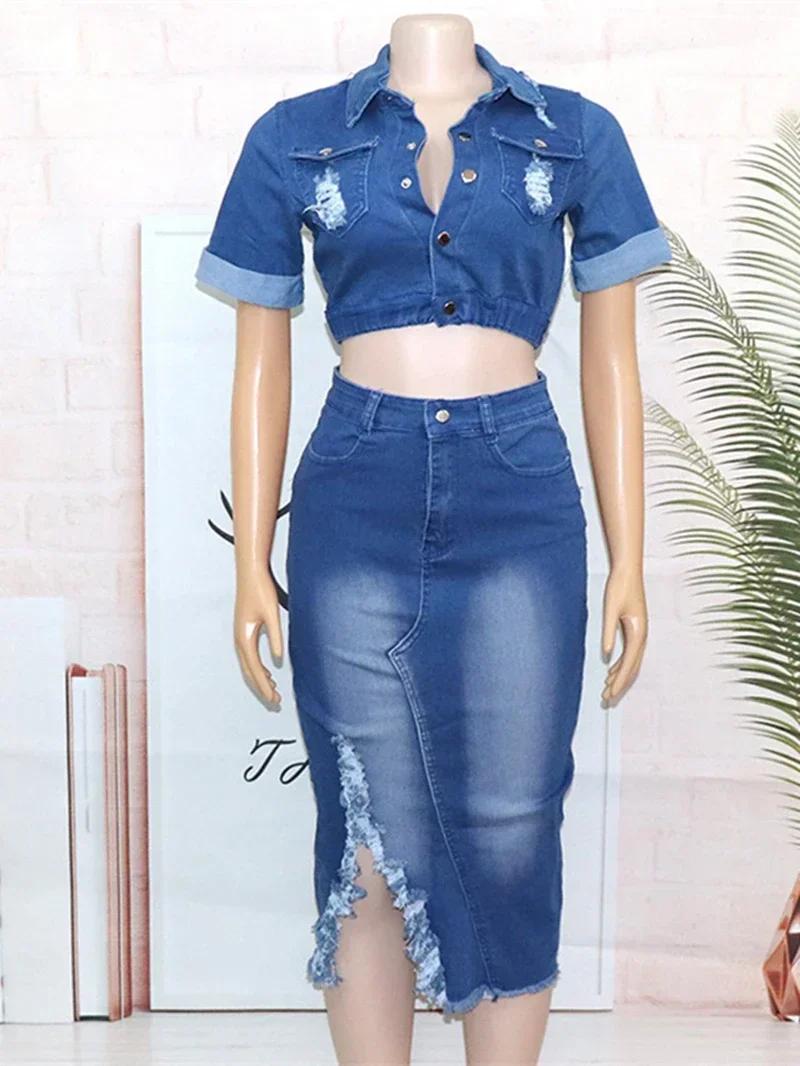 Streetwear Ripped Denim 2 Piece Sets Women Outfit Autumn Clothing Women Jean Crop Top and Skirt Sets Jean Two Pieces Dress Sets