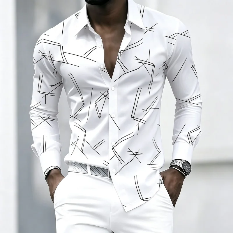 2026 New Men's Collar Shirt, Simple Abstract Frayed Line Print, Suitable for Everyday Wear, Parties, Outings, and Vacations
