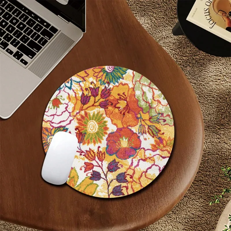 Vintage Colorful Flowers Round Mouse Pad Small Table Mat Rubber Anti-Slip Portable Mousepad 3D Printed Desktop Decoration