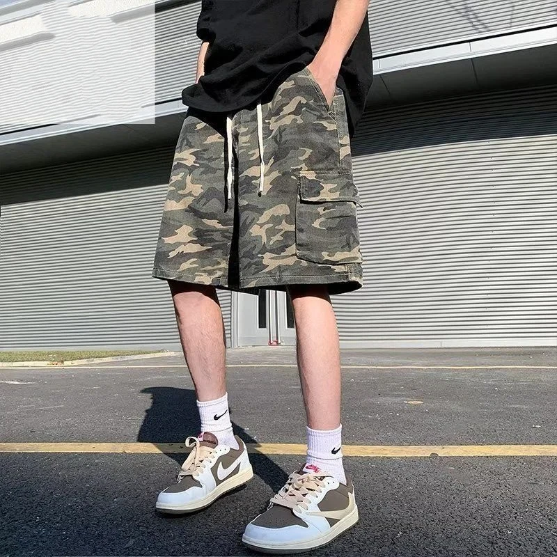 Men Camouflage Print Cargo Shorts Drawstring Waist Loose Fit Multi Pocket Casual Streetwear Work Shorts