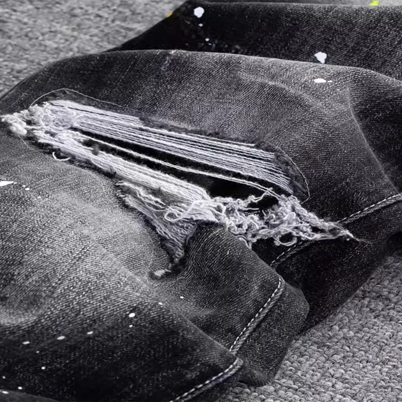 Street Fashion Men Jeans Retro Black Gray Stretch Slim Fit Painted Ripped Jeans Men Printed Designer Hip Hop Denim Pants Hombre