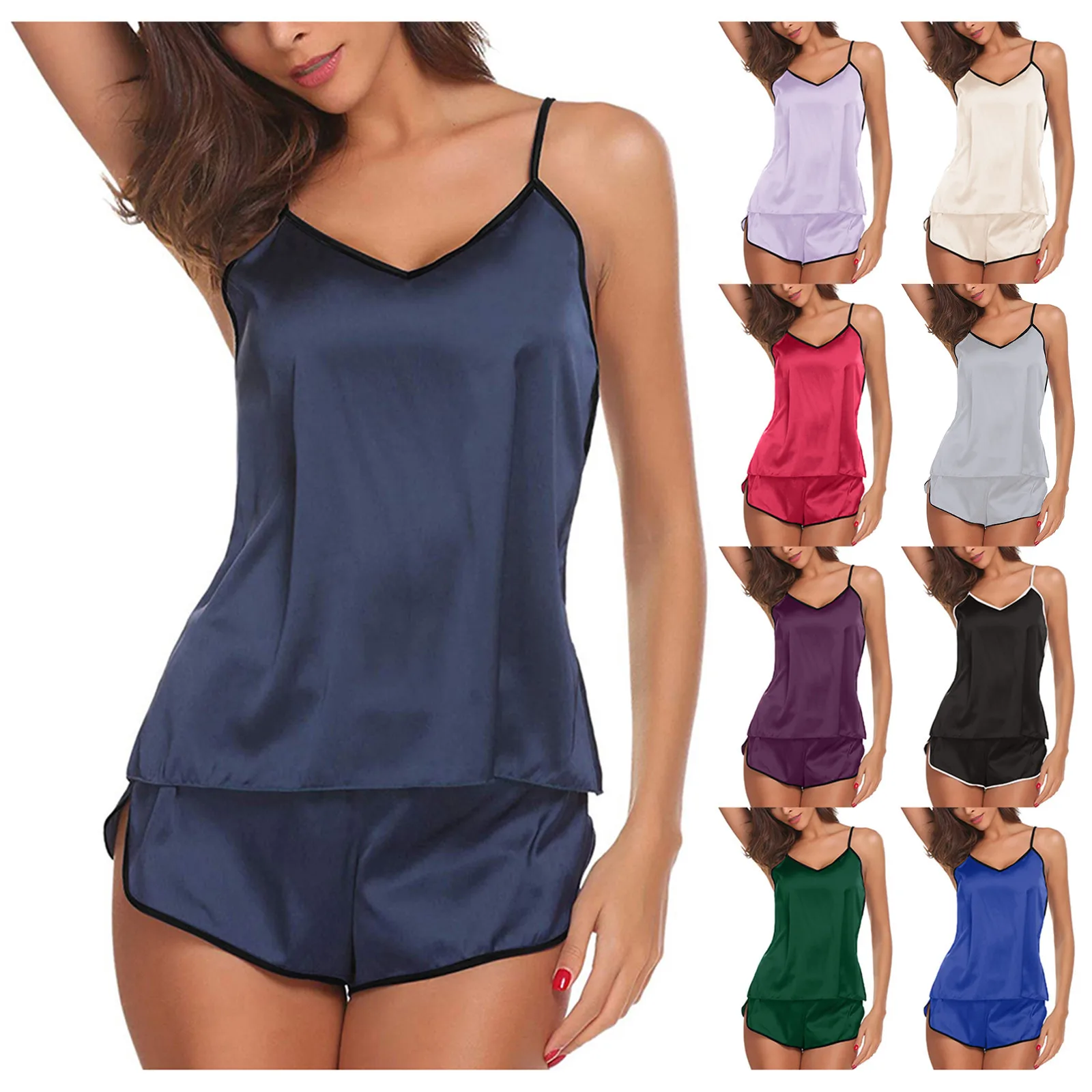 Cinta de espaguete feminino conjunto de pijama colete shorts sexy lingerie renda cetim camisola curta pijamas para mulher pijamas ponto