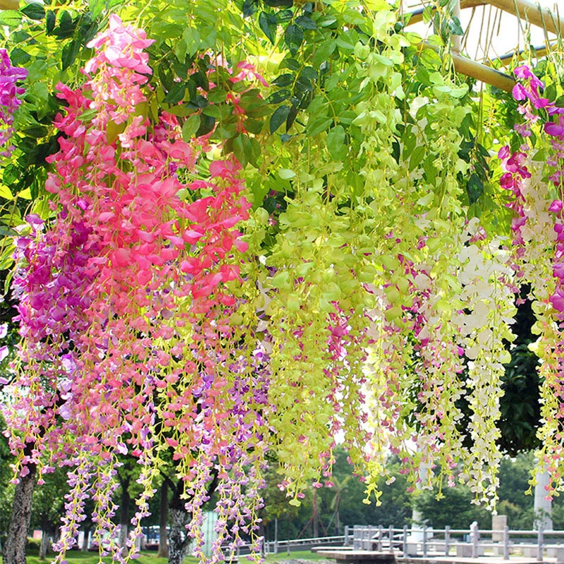 Glyzinienranke, künstliche Blumen, Großhandel, 110 cm, nachgestellte gefälschte Blumenschnur für Zuhause, Hochzeit, Party, Dekoration, Seiden-Glyzinien-Girlande – Detail 29