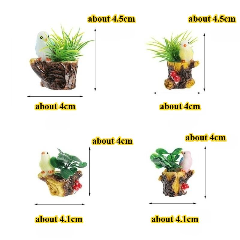 4PCS Resin Bird Stump Figurines Cute Miniature Bird on Tree Stump Ornaments for Micro Landscape Garden DIY Decor Desktop Set
