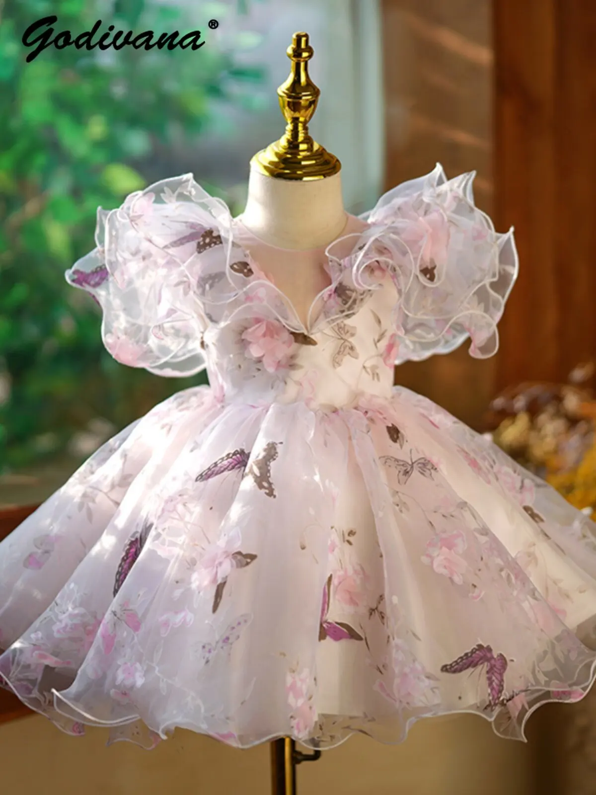 Sweet Baby Girls Formal Dresses Flower Girl Wedding Fairy Princess Dress Kids Tulle High Waist Floral Piano Performance Gown