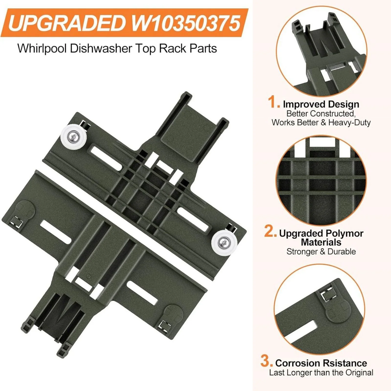 Upgraded Dishwasher Upper Rack Adjuster Kit for Whirlpool Maytag Kenmore, Replaces W10350375 W10195839, Polymer Durable view 4