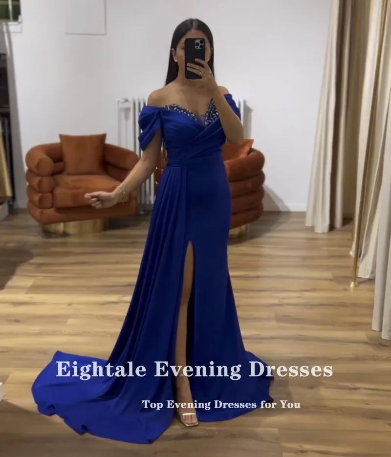 Eightale Royal Blue Evening Dress V-Neck Beaded Off the Shoulder Satin Customized Side Slit Prom Gown Wedding Party Dress