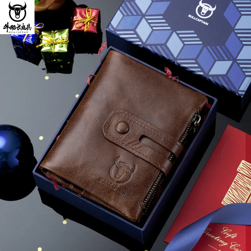 

Real leather men's buckle zipper wallet vertical short multifunctional photo album driver's license leather wallet gift box