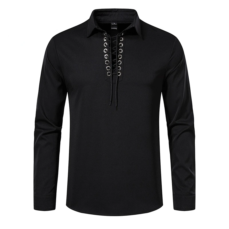 

Spring Summer Men's Shirts and Blouses Retro Medieval Drawstring Shirts for Men Lapel Long Sleeves T Shirt Men