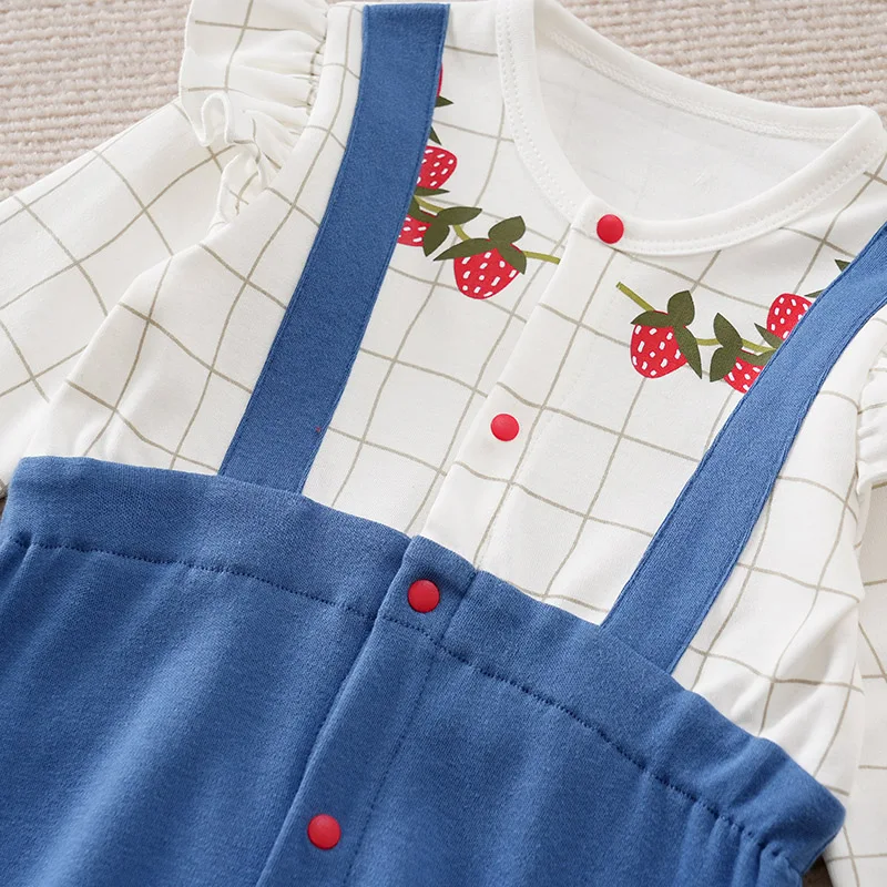الوليد طفلة عادية بسيطة وهمية حزام الكتف الفاكهة الفراولة الربيع والخريف مختلط اللون طويلة الأكمام بذلة الطفل