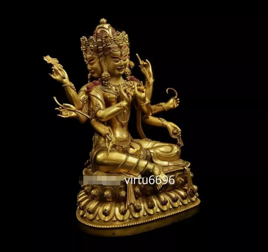 Red Copper 24K Gold Gilt Namgyalma Ushnishavijaya Kwan-yin Guanyin Buddha Statue