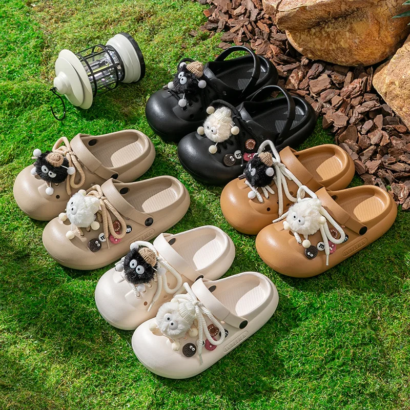 New Lovely Girls Strap Plush Ball EVA Garden Shoes Female Students Non-slip Beach Sandals Thick Soled Outdoor Slippers