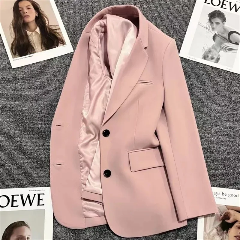 2023 bahar sonbahar takım elbise ceket kadın Vintage Blazers katı tek göğüslü rahat ceket bayan siyah pembe haki Blazers giyim