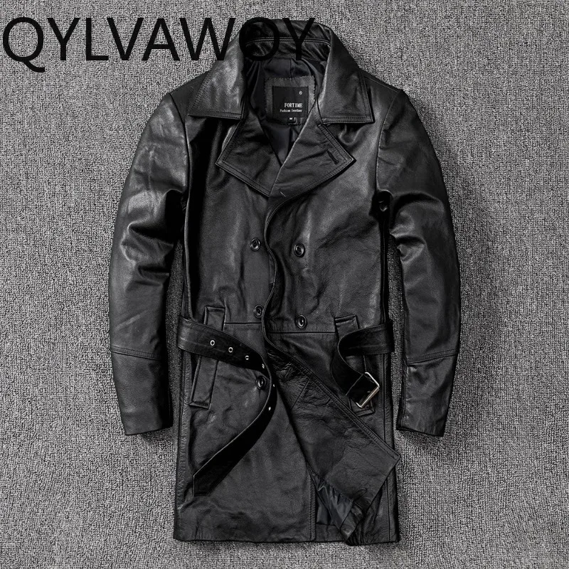 QYLVAWOY Top Layer Cowhide Real Leather Trench Coat Autumn Winter Genuine Leather Jacket Men Mid Length Lapel Collar Overcoat