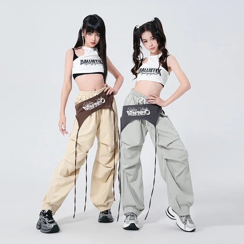 

Girls Hip-hop Performance Clothing K-pop Stage Outfits Jazz Dance Clothes White Crop Tops Cargo Pants Kids Party Rave Set XH2747