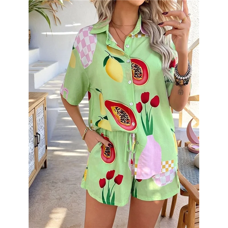 AOAO-Женская мягкая летняя футболка с тропическим принтом и v-образным вырезом, топ на пуговицах с короткими рукавами, шорты, комплекты из 2 предметов