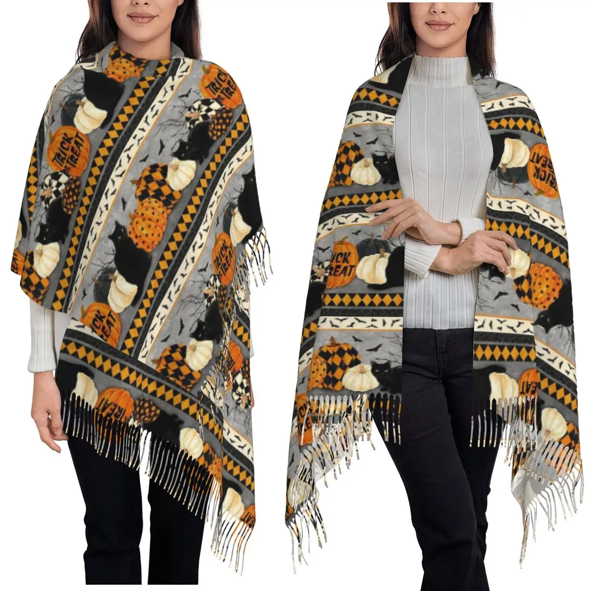 Halloween Black Cat Pattern Scarf Tassel Scarves Women Soft Warm Shawls and Wraps Long Fall Winter Shawl Wrap