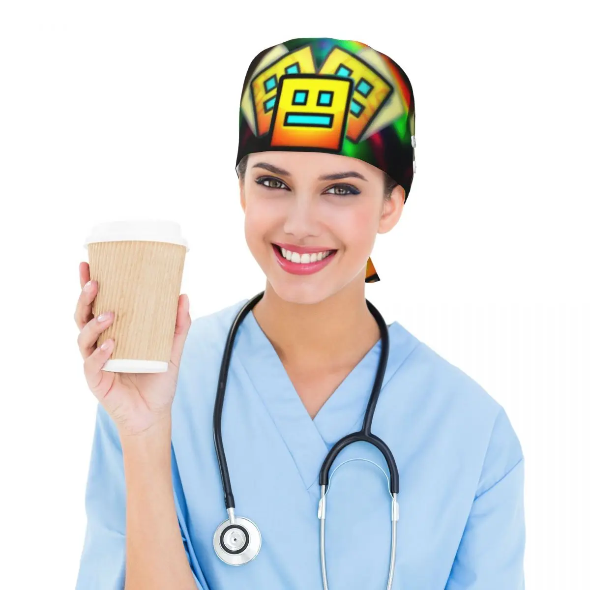 Video Game Geometry Dash Scrub Hat Doctor Working Surgical Cap Men Women Adjustable Nursing Caps for Dentist