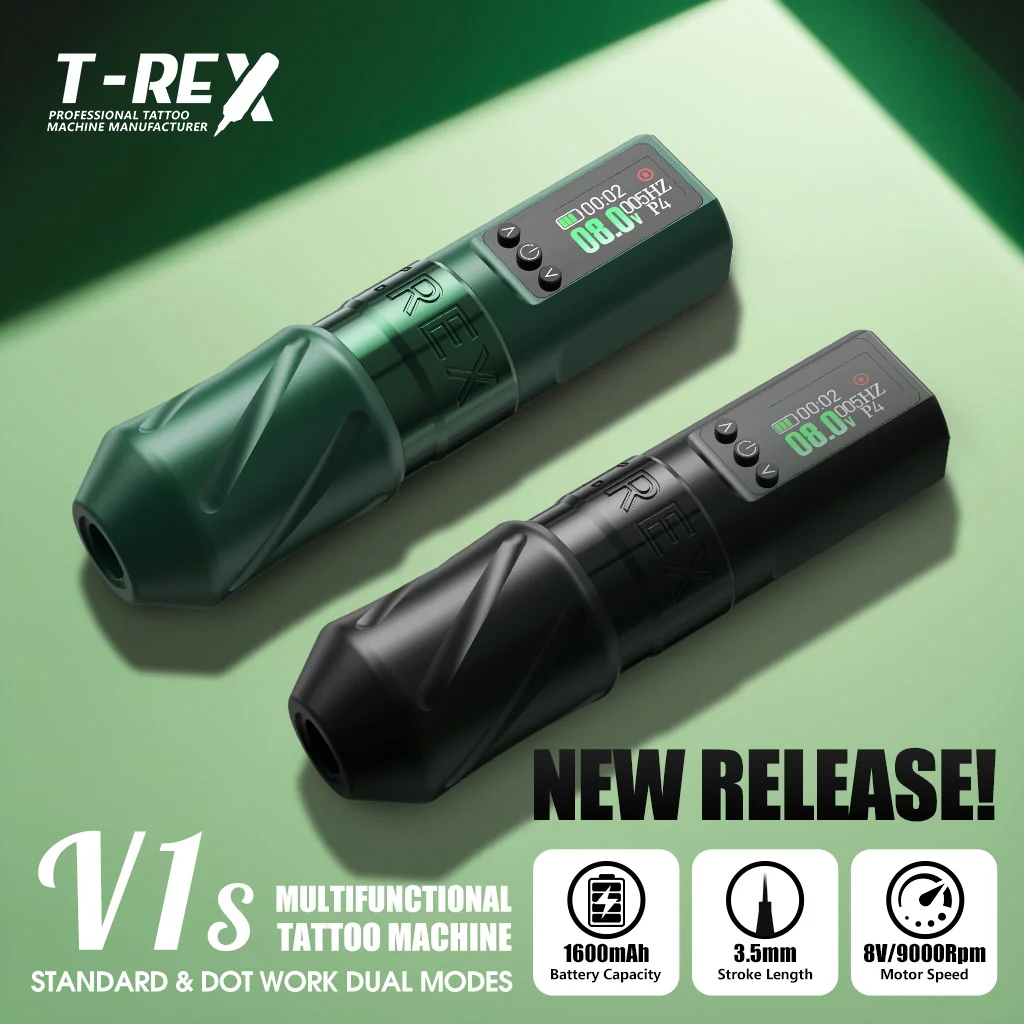 T-Rex V1S Professional Wireless Tattoo Machine Pen Dual Standard & Dot Modes 4-12V Adjustable Voltage Lightweight Tattoo Gun