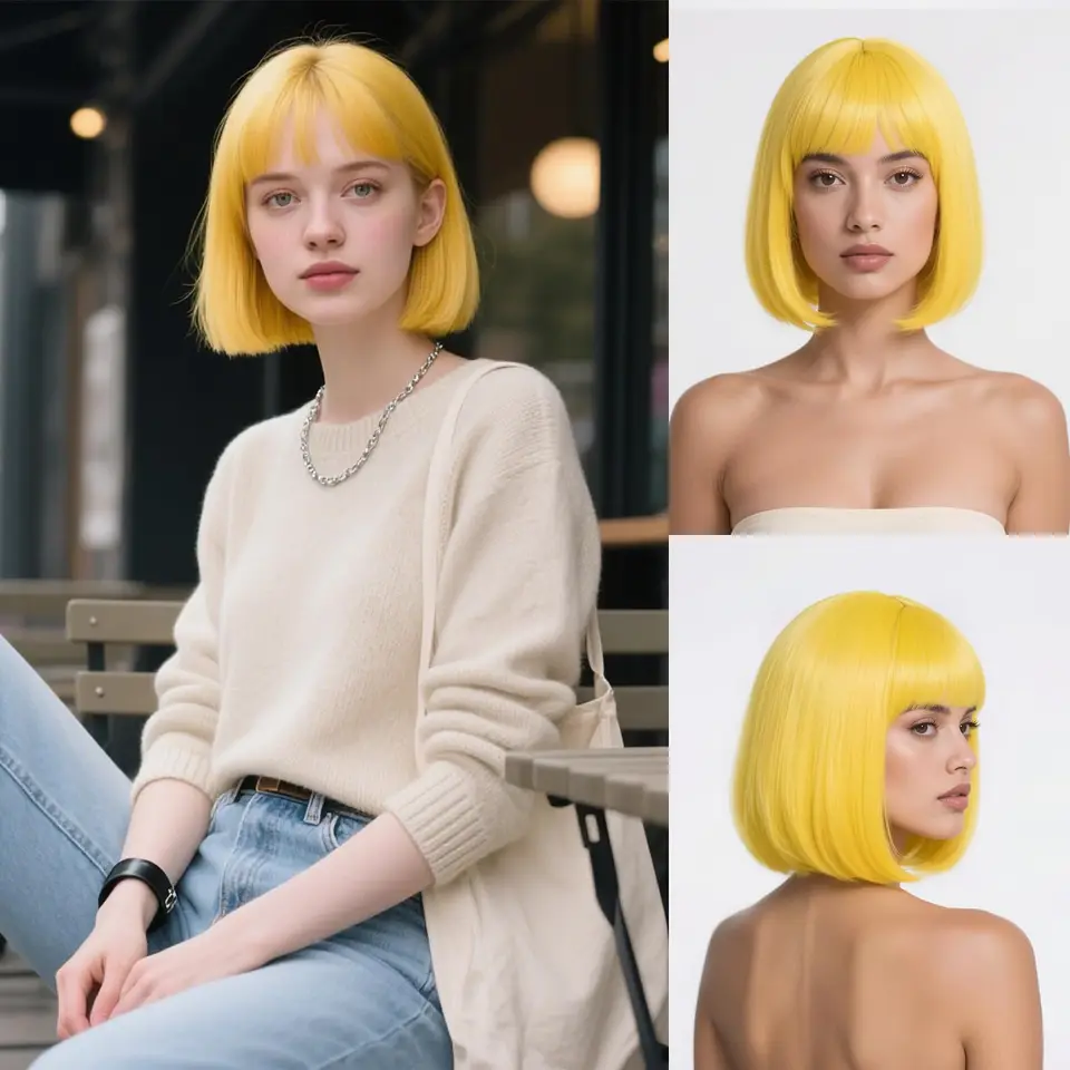 黄色のボブウィッグ、人工毛、パーティーハロウィンコスプレウィッグ