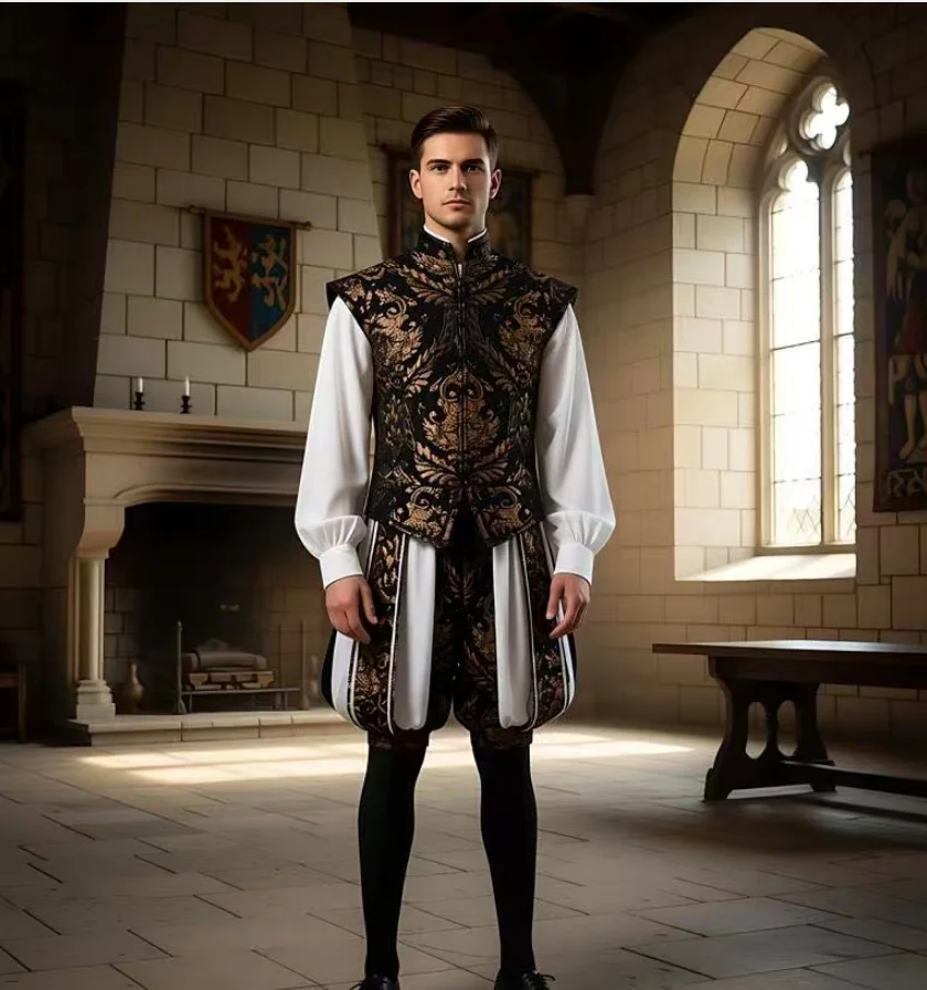 

Medieval Henry 8th Cosplay Costume set Tudors dynasty England King Renaissance Elizabethan Vest and Pumpkin Pants Set Halloween