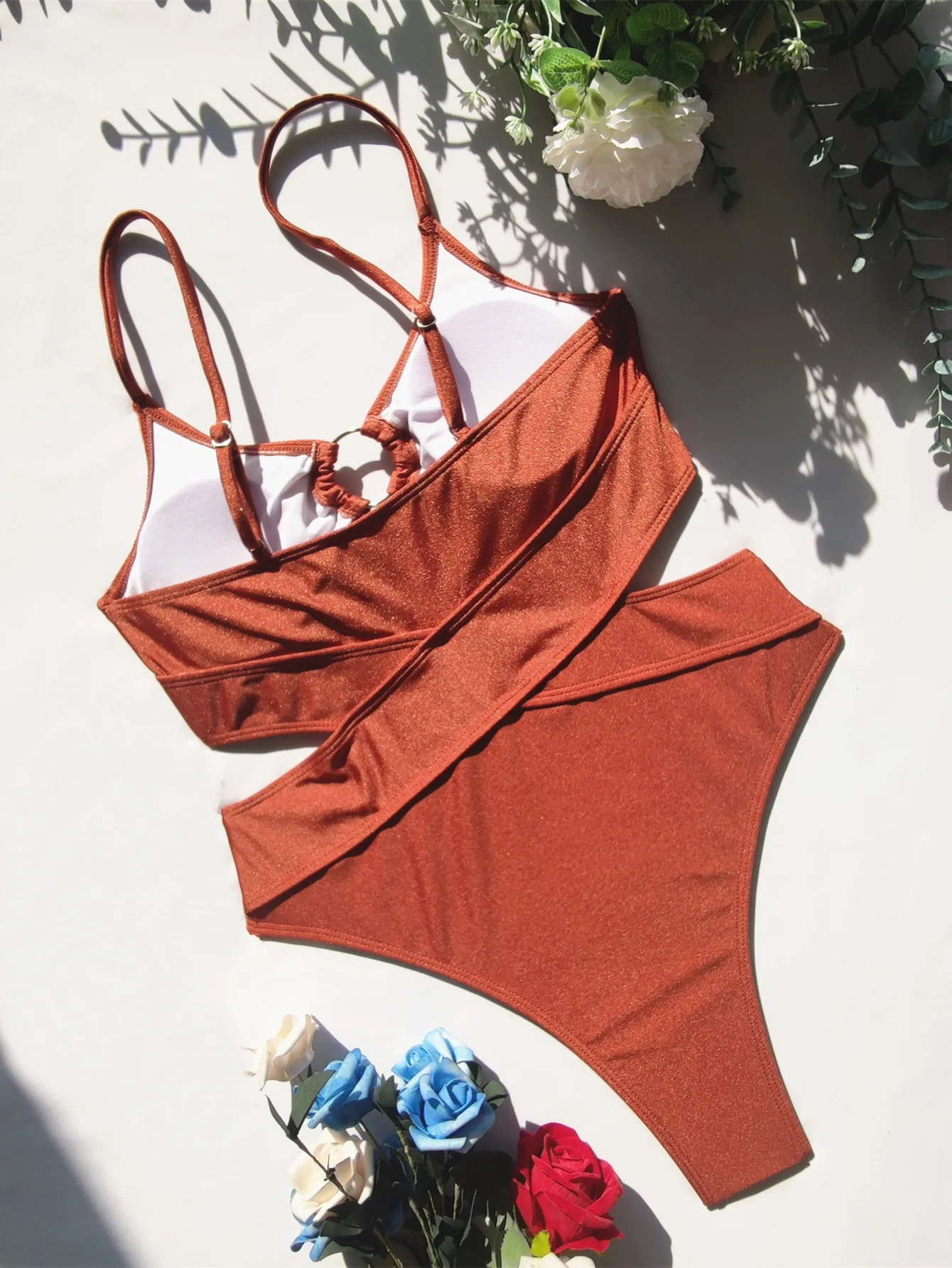 Women's Swimwear 2024 Women Bikini Solid Color Coffee Patchwork Swimsuit Backless Sexy One-Piece Hot Spring Swimwear S-L