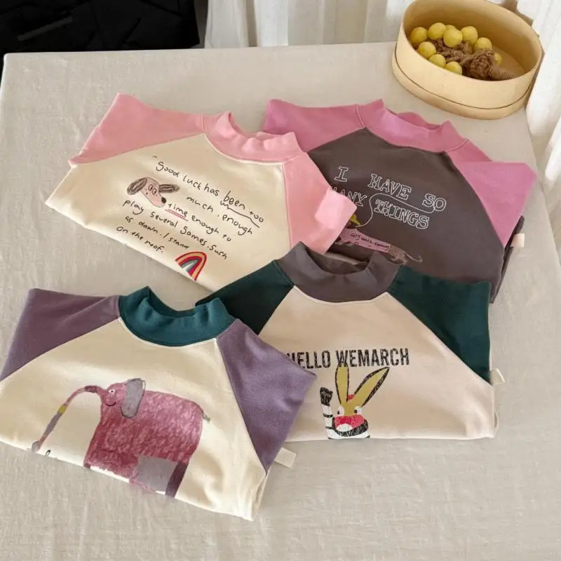 

2025 Winter New Children T Shirts Cartoon Letter Print Boys Girls Casual Sweatshirt Baby Cotton Bottoming Tops Kids Clothes