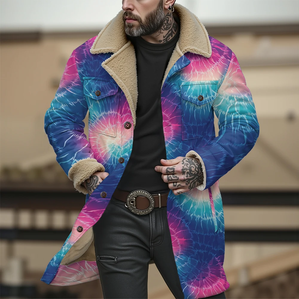 Trendy Tie-Dye Long Coats Winter Unisex Plush Outerwear Vibrant Color Splash Pattern Stylish Streetwear Cold Weather Must-have