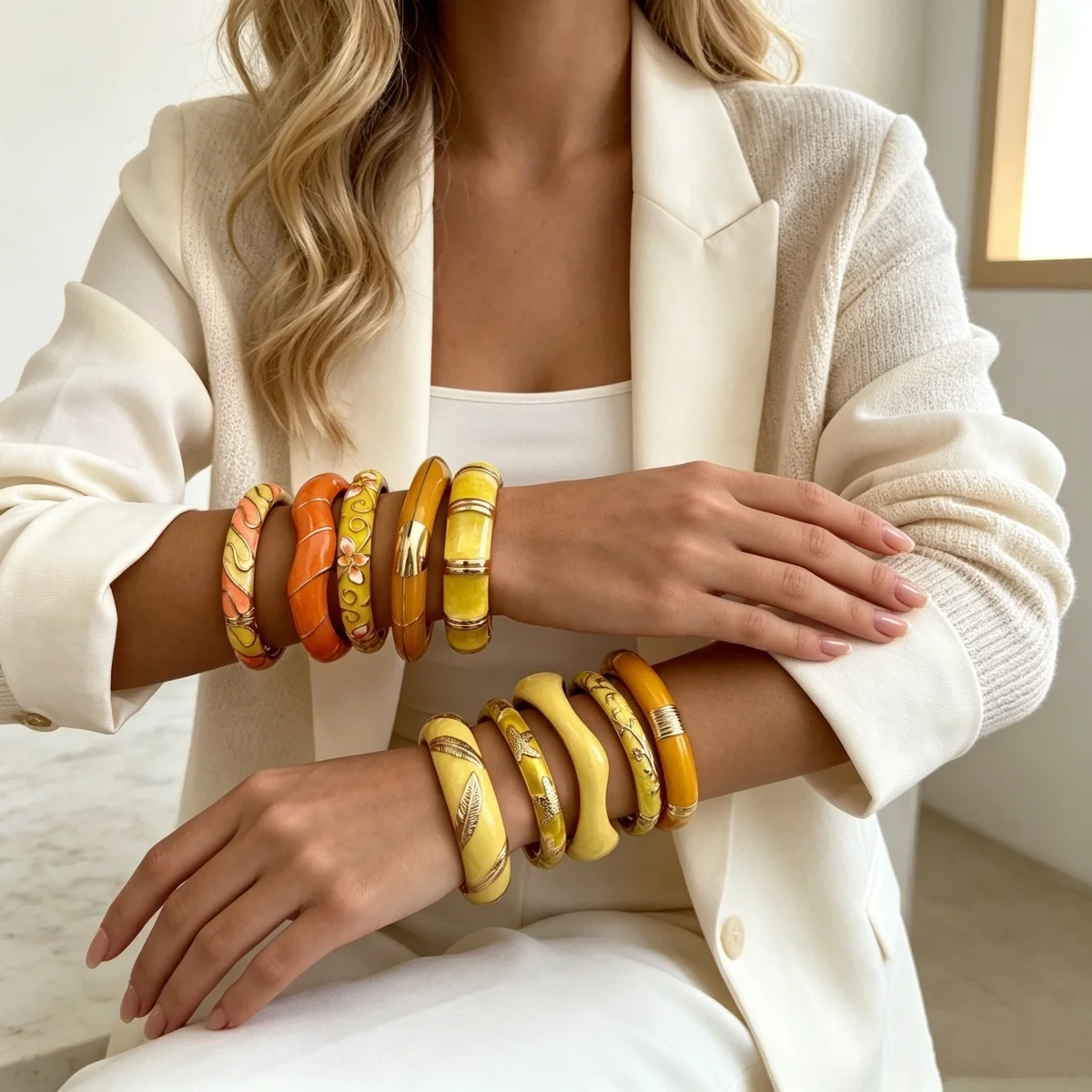 Modische Gelbe Emaille-Manschettenarmbänder für Damen und Herren, Retro-Stil mit Ast-, Wellen-, Stern-, Blatt-, Blumen- und Bambus-Motiven, Armschmuck – Detail 11