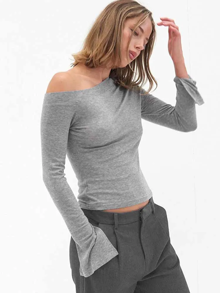 

BKQU элегантные топы с открытыми плечами и длинными рукавами, женские осенние 2022, повседневная однотонная корейская модная тонкая футболка, новая одежда в стиле Харадзюку