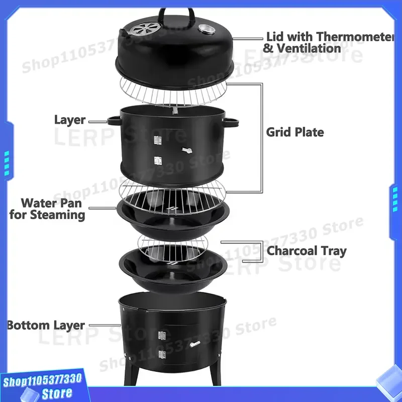 3 in 1 Charcoal Grill Smoker Portable Outdoor Vertical Barrel Tower 3 Layer Multipurpose BBQ Cooking Device for Camping