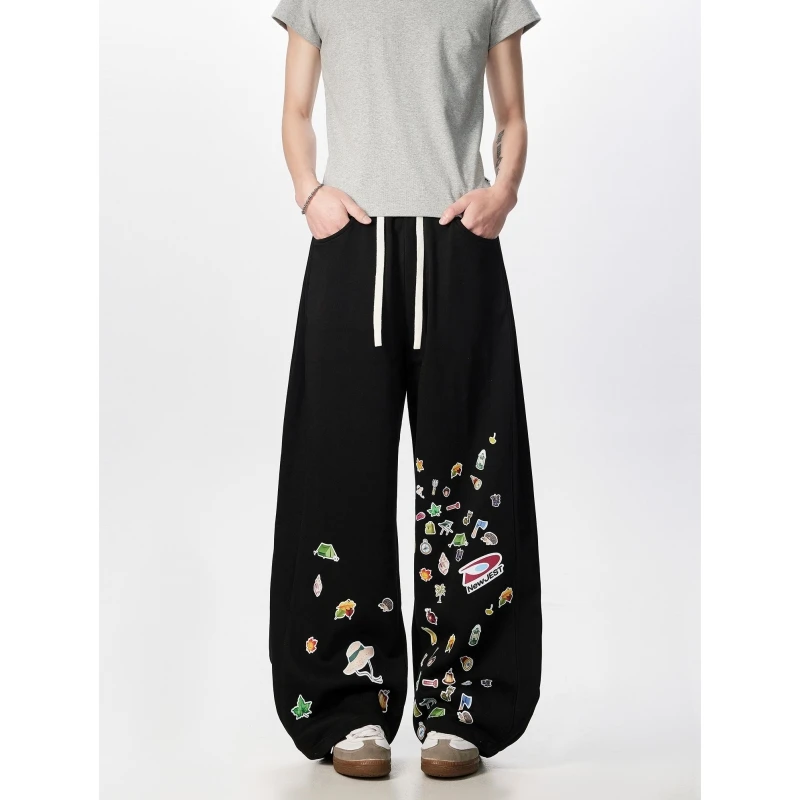 Men's Retro Breathable Printed Oversized Sweatpants With Elastic Waistband And Loose Pattern For Spring And Autumn Casual Pants