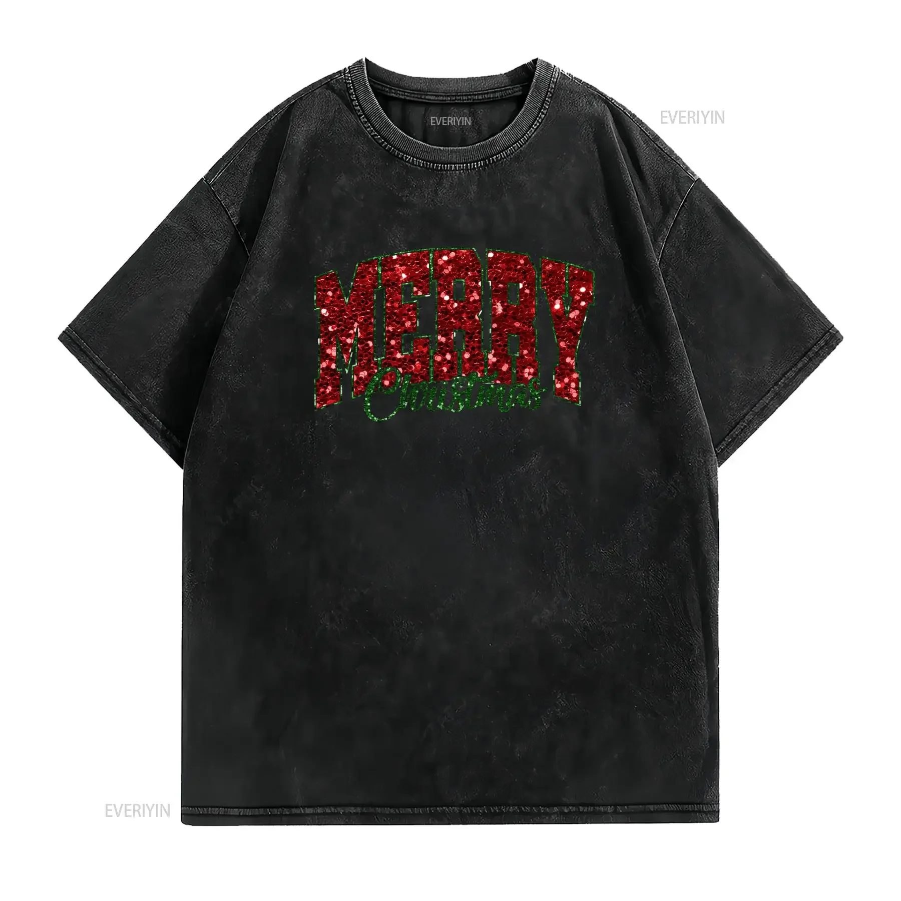 Merry Christmas Glitter Crop T Shirt I s vintage Washed streetwear designer clothes Versatile homme Stretched Stylish Soft