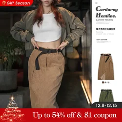 Maden Women's Vintage Corduroy Skirts Autumn And Winter New Cotton Wash Pencil Long Skirt A-line Hight Waist Sashes Bottoms