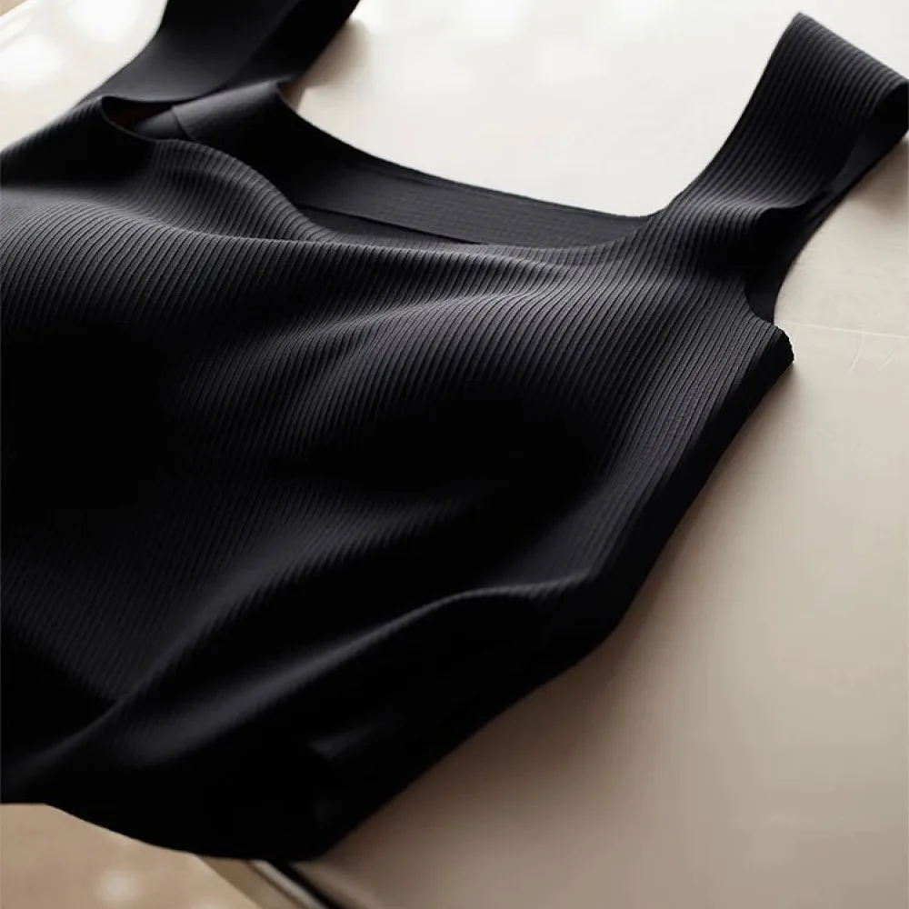 Women Padded Ribbed Tank Top Square Neck Camisole Removable Pads Slim Fit Elastic Sleeveless Summer Basic Crop Vest Top