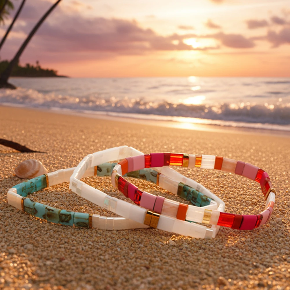 

3PCS Colorful Tile Beaded Bracelet Set for Women Girls Boho Stretch Square Beads Bracelets, Summer Beach Vacation Jewelry Gift