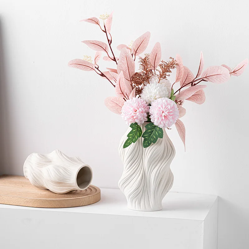 Modern Minimalist Unglazed Ceramic Vase Wavy Texture Flower Arranger Household Soft Furnishing Decor Desktop Art Craft Ornament