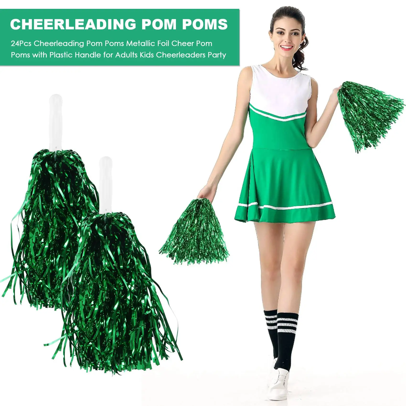 【STOCK】24Pcs Cheerleading Pom Poms Metallic Foil Cheer Pom Poms with Plastic Handle for Adults Kids Cheerleaders Party Green