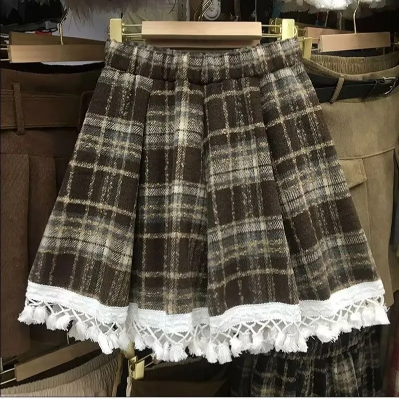 Women's Vintage Kawaii Plaid A-Line Mini Skirt Korean Fashion Tweed Tassel Ruffle High Waist Autumn Winter Cute Pleated Skirts