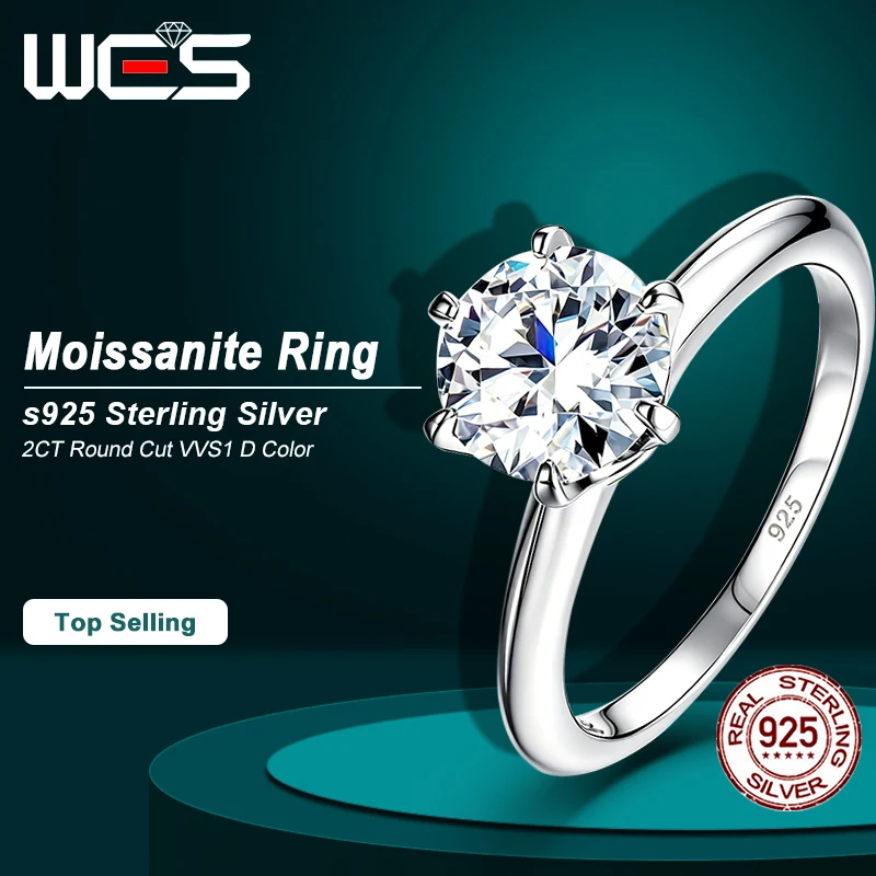 WES 2CT D Color VVS1 Moissanite Ring 925 Sterling Silver Six Prong Solitaire Engagement Ring For Women Fine Jewelry Wholesale