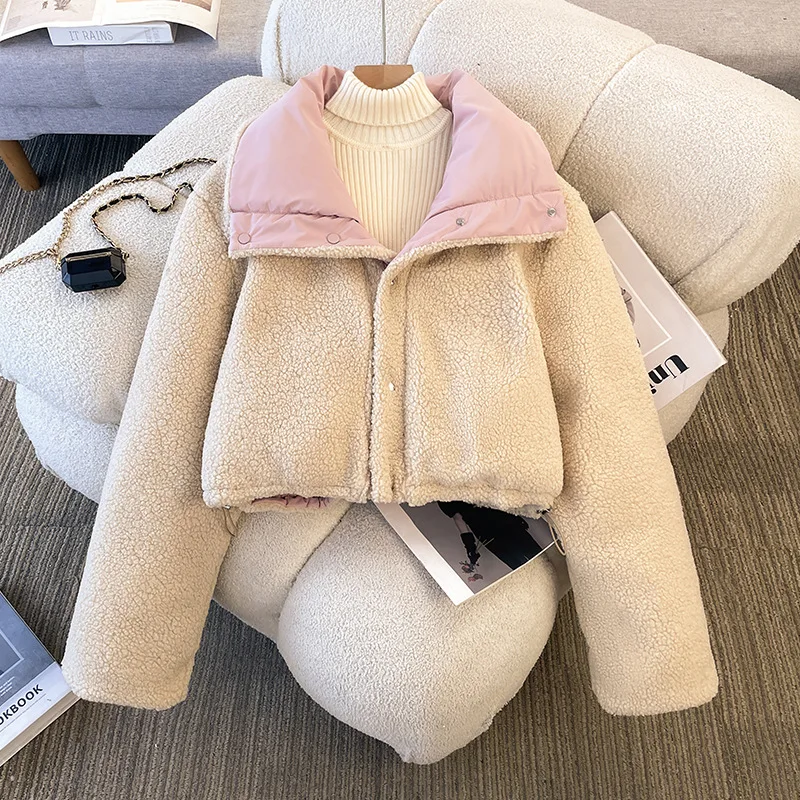 

Korean Fashion Women Berber Fleece Cotton Padded Coat Winter Warm Two-sided Reversible Winter Warm Short Coats Women