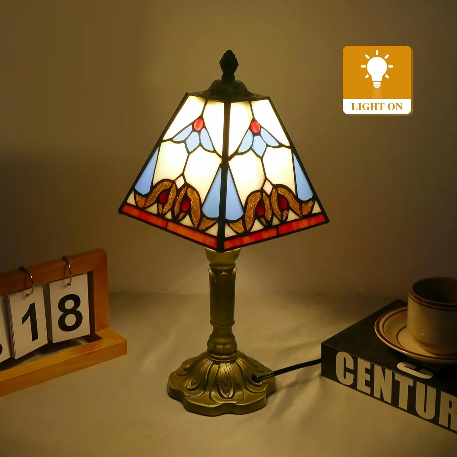 ￥%Stained Glass Desk Reading Light, Bedside Table Lamp Decor Small Square Baroque Style Stained Glass LED  Modern