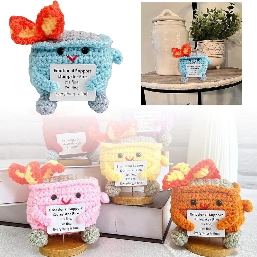 Emotional Crochet Dumpster Fire Handmade Dumpster Fire Doll Christmas Dumpster Fire Knitting Toy Ornaments with Positive Card