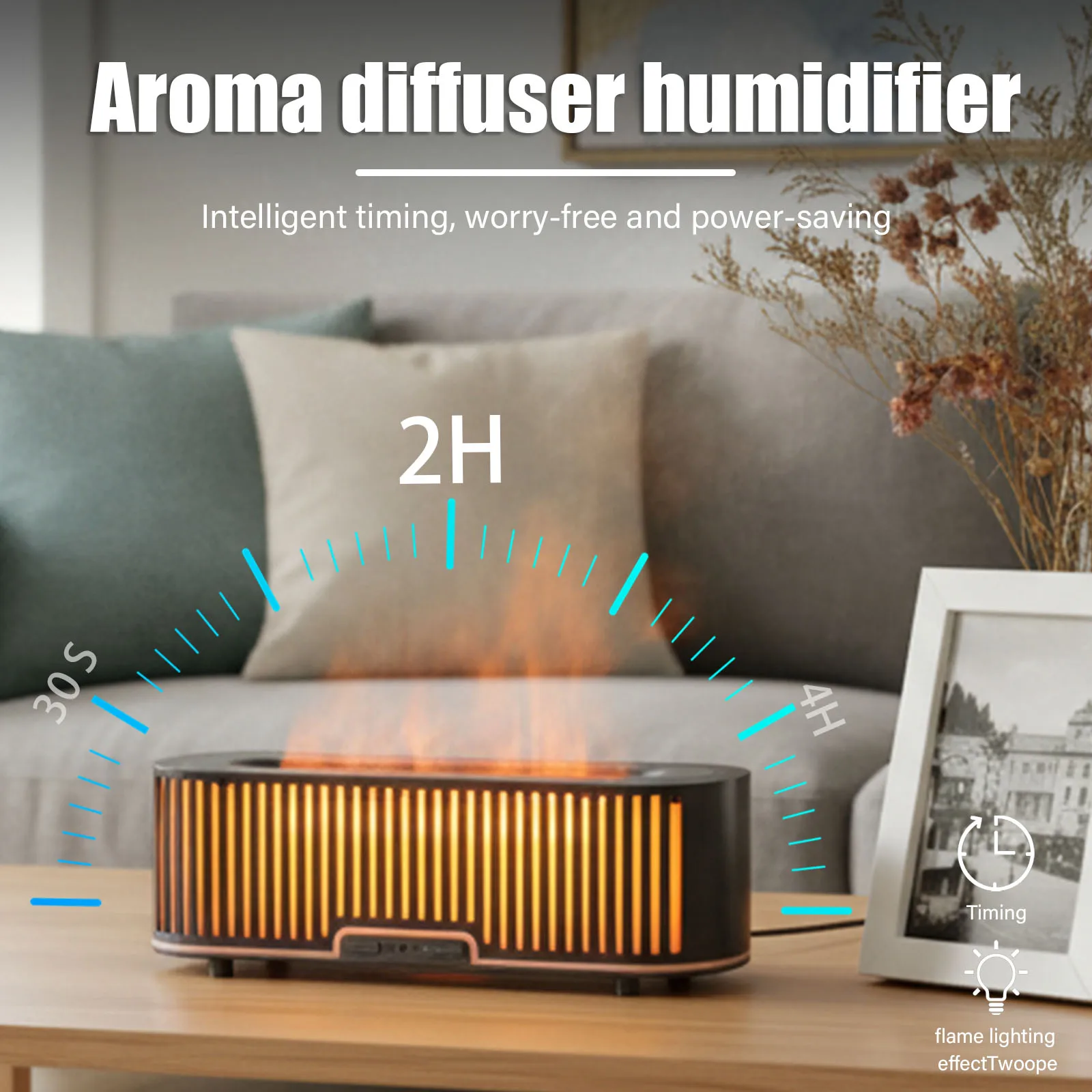 Flame Aroma Air Humidifier with Night Light Aromatherapy Machine Rechargeable Hollowed Atomizing Diffuser for Home Office Decor