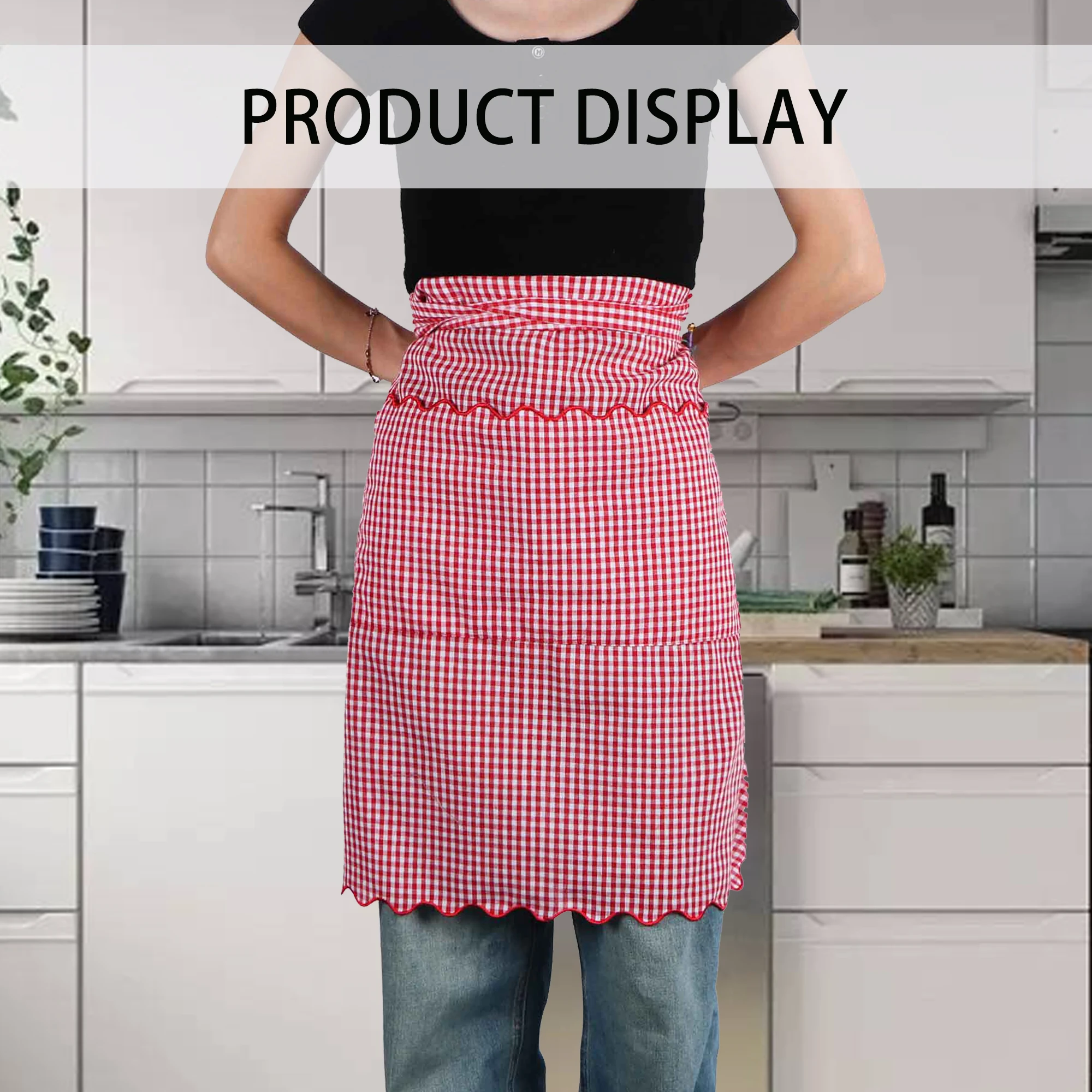 

Red Checkered Half Body Apron High-End Enlarged Anti Fouling Work Clothes Coffee Shops Restaurants Embroidered Wavy Edge Apron