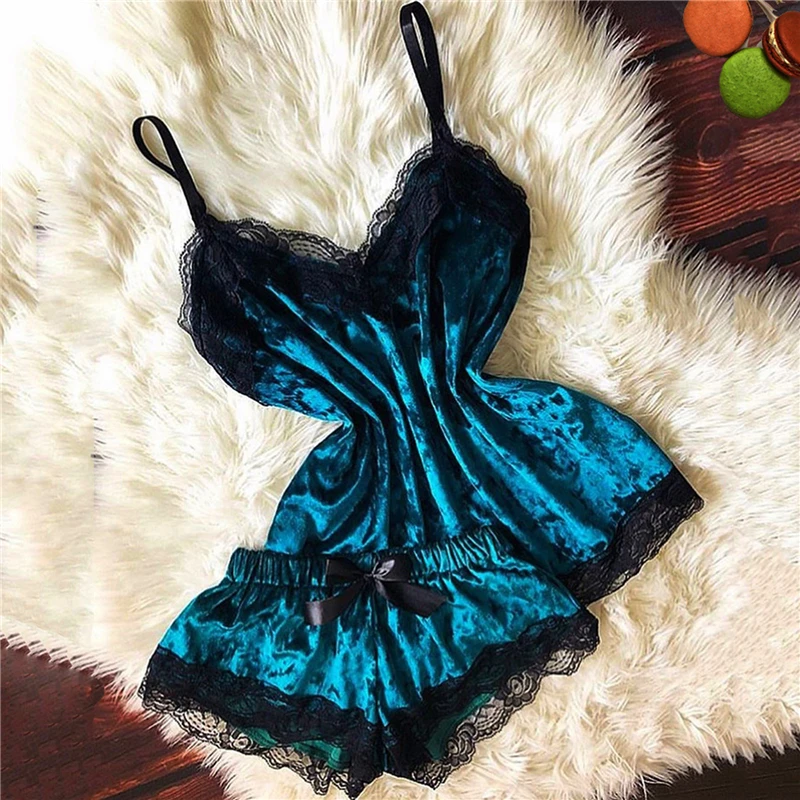 Women Pajama Suit Fashion V-Neck Stretch Satin Babydoll Lace Sexy Lingerie Bowknot Pyjamas Sleep Shorts 2 Piece Set Sleepwear