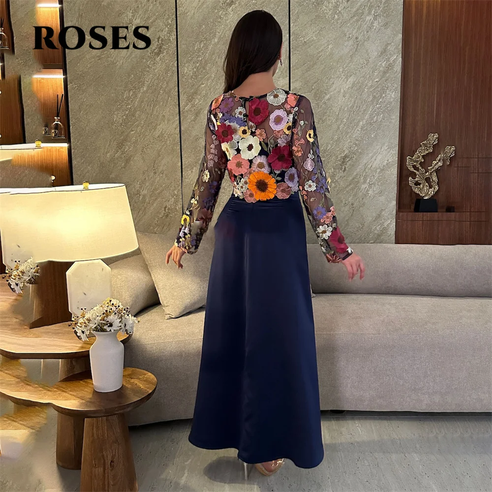 ROSES Schwarzes Saudi-Arabien-Abschlussballkleid, Partykleid mit Applikationen, vollen Ärmeln, Satin, A-Linie, Abendkleider für Damen, individuell