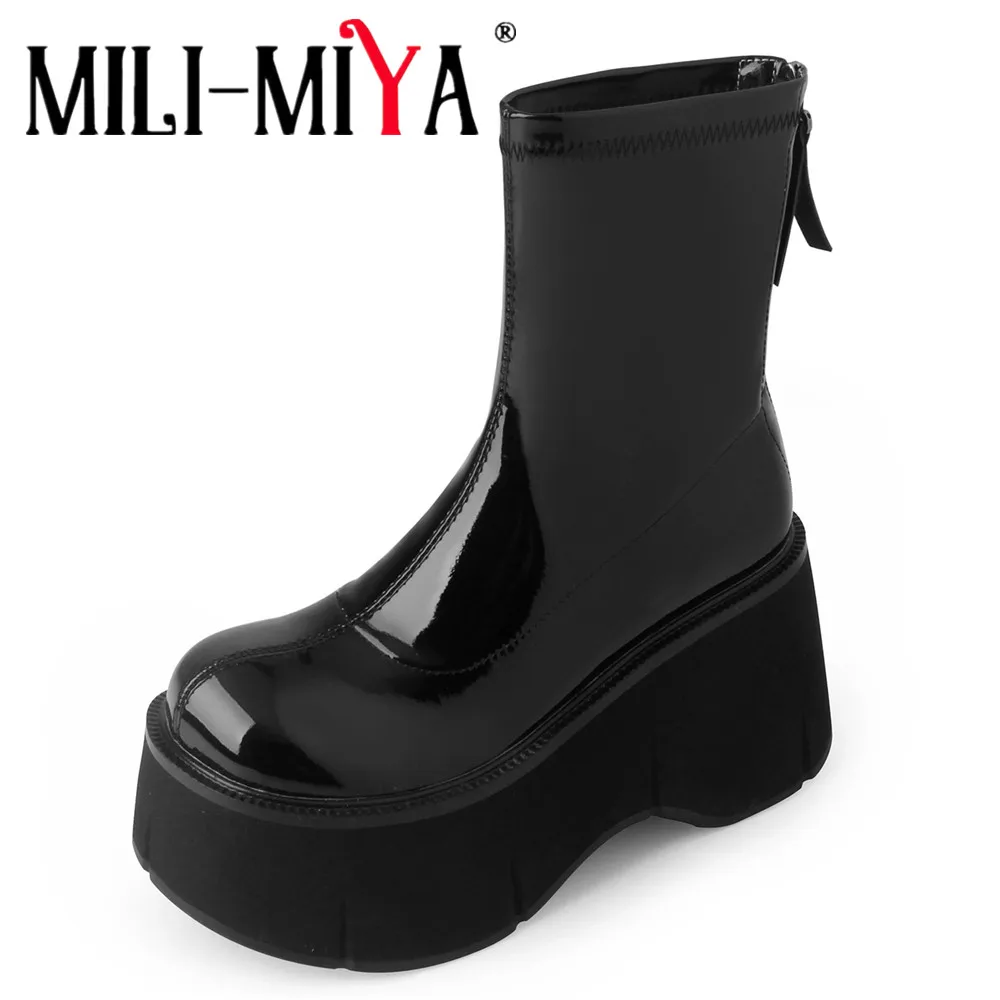 MILI-MIYA New Women's Round-Toe Stretch Patent Leather Casual Boots With Extra-Thick Non-Slip Polyurethane Foam Soles Handmade